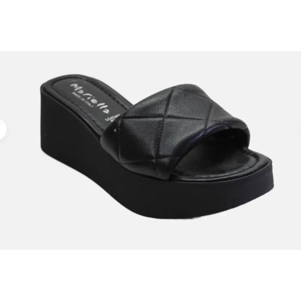 Mariella Women's Wedge Heel Platform Quilted Leather Slide Sandals Black Sz 9